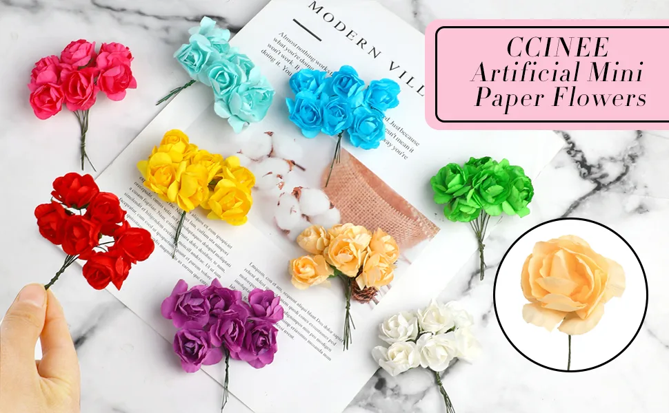CCINEE 144pcs Mini Paper Flowers  30mm Mulberry Paper 1.2 Artificial Rose Flower with Stem for DIY Crafts Projects Scrapbooking Wedding Decorations (White) - product information 2