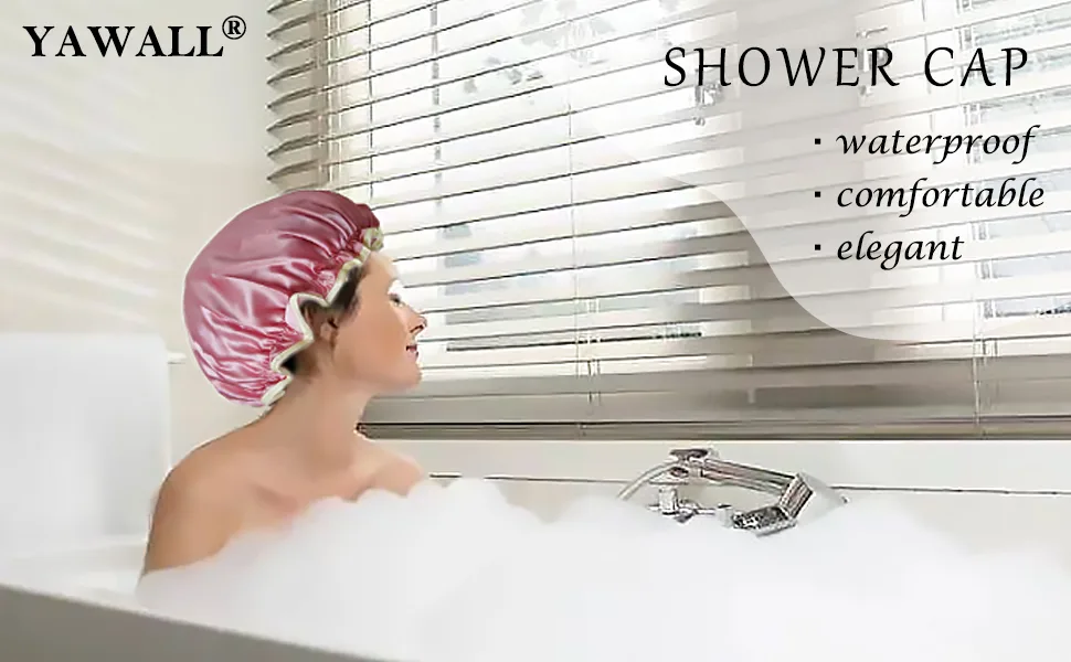 YAWALL Shower Cap 2Pcs  Shower Caps for Women Reusable Waterproof  Silk Double Layer Hair Cap  Pink & Black 10in - product information 1