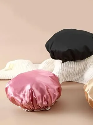 YAWALL Shower Cap 2Pcs  Shower Caps for Women Reusable Waterproof  Silk Double Layer Hair Cap  Pink & Black 10in - product information 2