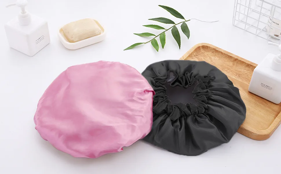 YAWALL Shower Cap 2Pcs  Shower Caps for Women Reusable Waterproof  Silk Double Layer Hair Cap  Pink & Black 10in - product information 5