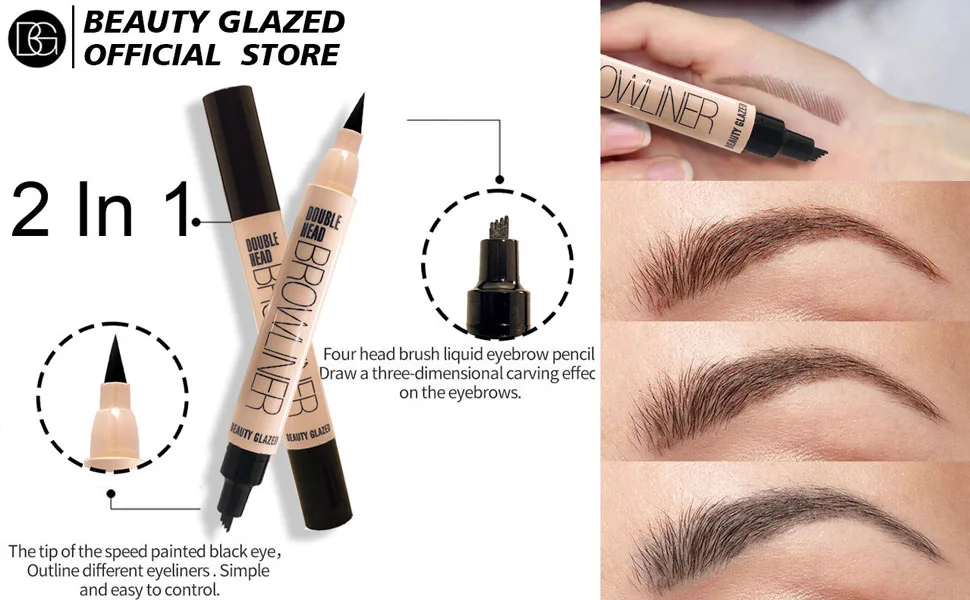 Beauty Glazed Upgrade 2 IN 1 Four Tiny Fork Tip Eyebrow Pen With Eyeliner  Micro-Fork Tip Applicator Eyebrow Pencil Long Lasting  Waterproof and Smudge-proof Eye Brow Makeup (Black) - product information 1