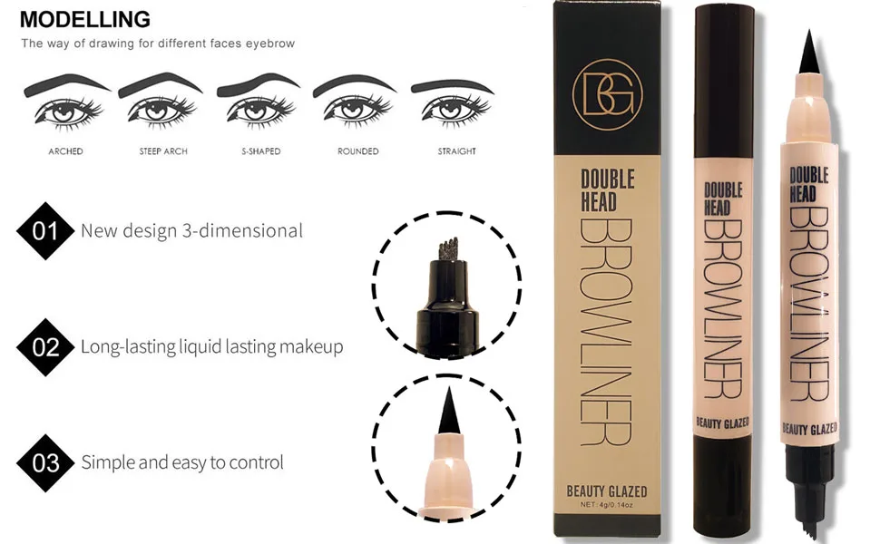 Beauty Glazed Upgrade 2 IN 1 Four Tiny Fork Tip Eyebrow Pen With Eyeliner  Micro-Fork Tip Applicator Eyebrow Pencil Long Lasting  Waterproof and Smudge-proof Eye Brow Makeup (Black) - product information 2