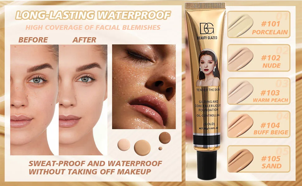 Beauty Glazed Foundation New Formula Full Coverage Flawless Makeup Base Cream Concealer Matte Waterproof Long Lasting Oil Free Smooth Liquid Foundation 30g (101 Porcelain) - product information 1