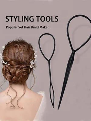 Hair Tail Tools  Hair Braiding Tool Set 4 PCS French Centipede Braiders Loop Tools DIY Hair Styling for Twist Plait Flipper Pull Through Ponytail Tool Ponytail Maker Ties Bulk with Double Hook Black Type 1 - braiding accessories