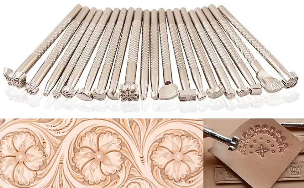 Leather Stamping Tools Kit Leather Different Shape Saddle Making Stamp Punch Set Leather Carving Tools Kit with Leather Working Hammer  Swivel Knife Tracing Paper and Tracing Pen - Different Shape Saddle Making Stamp Punch Set