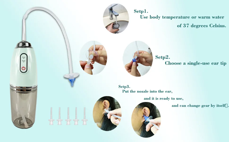 GNEGKLEAN Electric Ear Flushing Kit for Adults   Premium Ear Wax Removal Device   Safe and Effective Automatic Ear Cleaning Kit   Reusable Earwax Removal Kit with 3 Mode 6 Tip (Green) - earigator ear cleaning system
