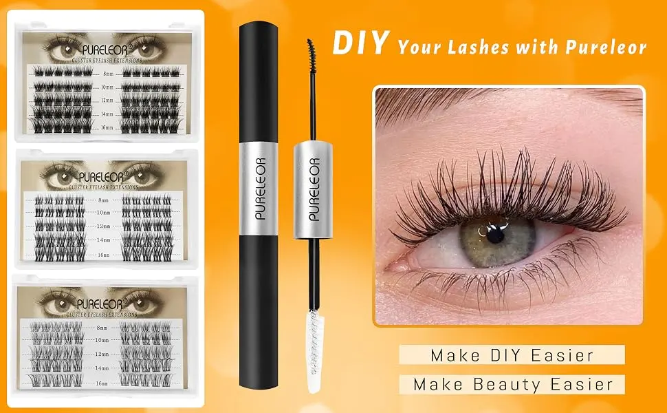 PURELEOR Cluster Lashes 60Pcs Individual Eyelash Extensions C Curl DIY Manga Lash Mixed 8-16mm Makeup - cluster