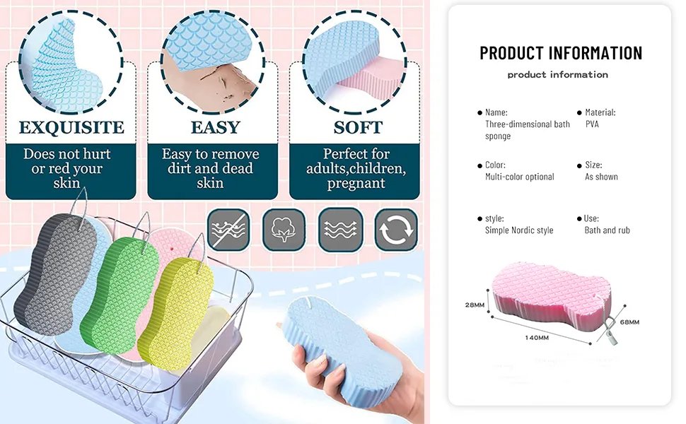 2 Pcs Super Soft Exfoliating Bath Sponge  Magic Exfoliating Bath Sponge  Exfoliating Body Scrub  Reusable  Suitable for Adults and Children (Pink) - material