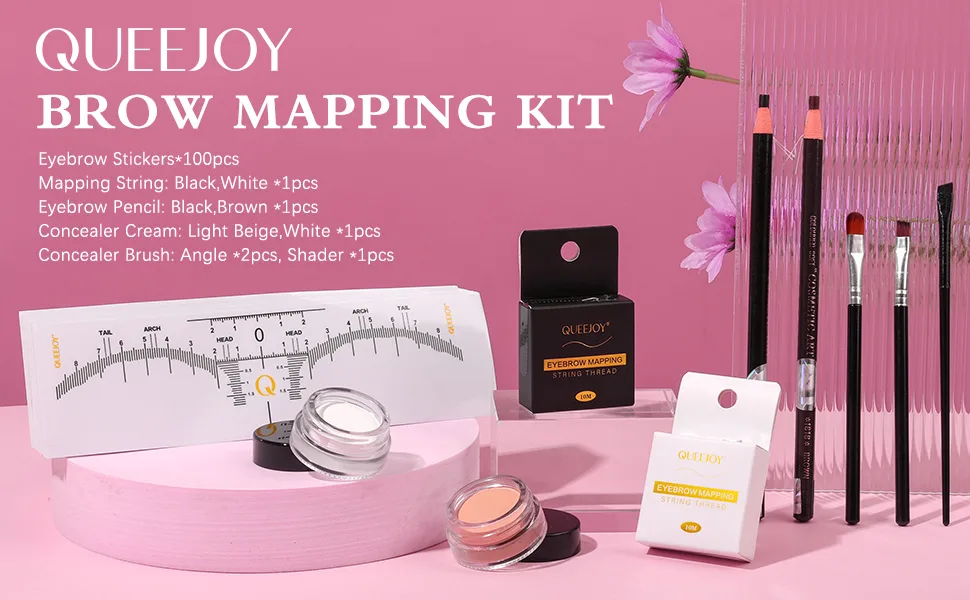QUEEJOY Eyebrow Mapping Set includes 10mX2 Colors Brow Mapping String Eyebrow Thread  100pcs Eyebrow Ruler Stickers  Light Beige and White Brow Paste & 3 Concealer Brushes  Eyebrow Pencil and Instructions  Microblading S... - Eyebrow Mapping Kit