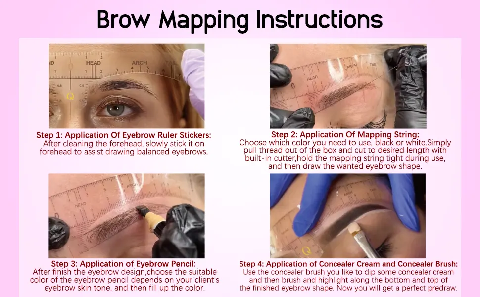 QUEEJOY Eyebrow Mapping Set includes 10mX2 Colors Brow Mapping String Eyebrow Thread  100pcs Eyebrow Ruler Stickers  Light Beige and White Brow Paste & 3 Concealer Brushes  Eyebrow Pencil and Instructions  Microblading S... - instruction