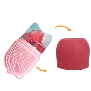 Reusable Cube Silicone Mold Ice Roller With Brush For Face Cold Therapy Facial Massage Roller (Pink) - Open