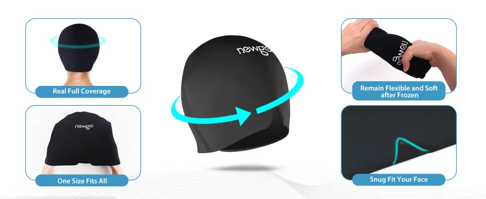 NEWGO Headache Relief Hat Migraine Ice Cap with Top Coverage  Light Blocking Migraine Relief Cap and Sleeping Mask with Cooling Gel & Compression for Tension  Sinus Pressure  Puffy Eyes (Black) - ice cap