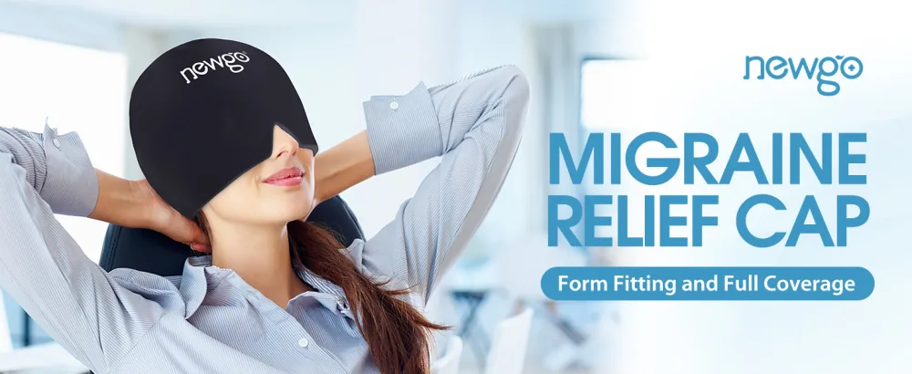 NEWGO Headache Relief Hat Migraine Ice Cap with Top Coverage  Light Blocking Migraine Relief Cap and Sleeping Mask with Cooling Gel & Compression for Tension  Sinus Pressure  Puffy Eyes (Black) - ice pack