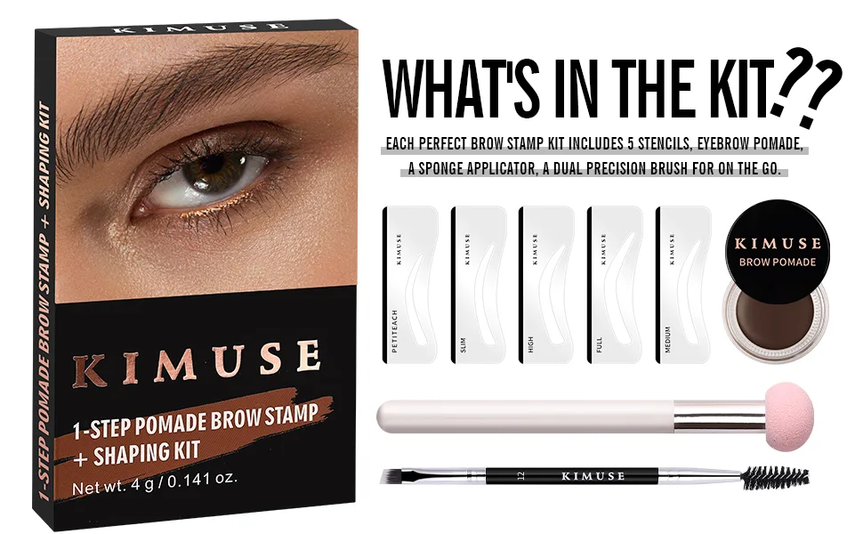 KIMUSE Eyebrow Stamp Stencil Kit  Brow Gel with Eyebrow Stencils & Eyebrow Brush  Long Lasting  Waterproof Buildable Eyebrow Pomade Makeup MEDIUM BROWN - product information 12