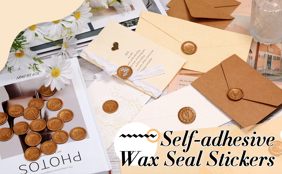 Outus Wax Seal Stickers Envelope Seal Stickers Wedding Invitation Envelope Seals Self Adhesive Gold Stickers for Valentines Day Birthday Bridal Shower Party (Eucalyptus Style  200 Pieces) 200 Eucalyptus Style - product information 1