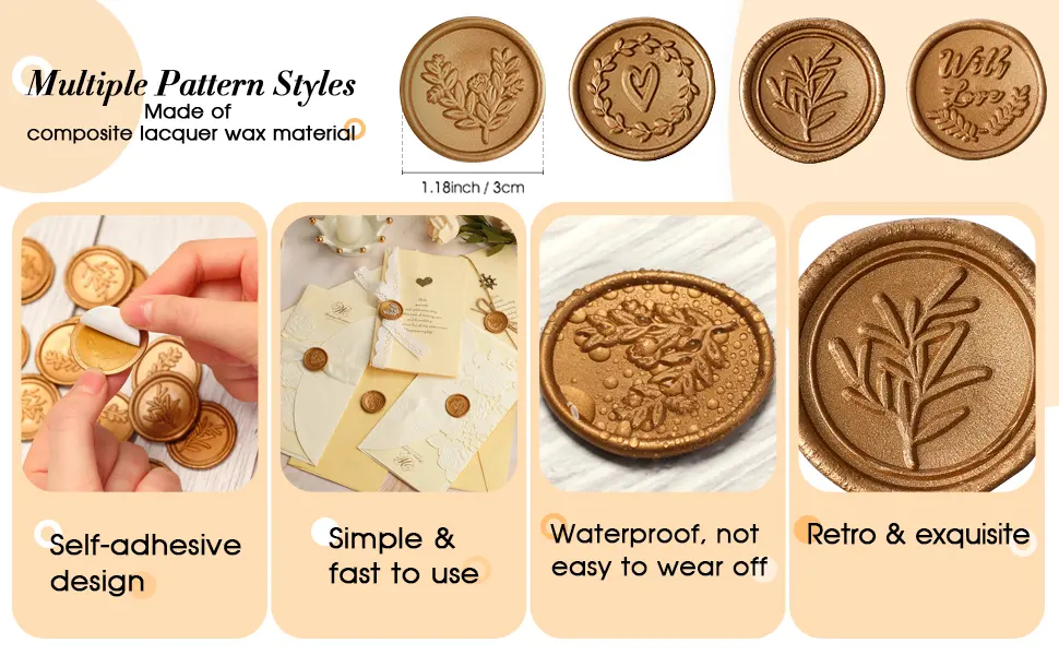 Outus Wax Seal Stickers Envelope Seal Stickers Wedding Invitation Envelope Seals Self Adhesive Gold Stickers for Valentines Day Birthday Bridal Shower Party (Eucalyptus Style  200 Pieces) 200 Eucalyptus Style - product information 2