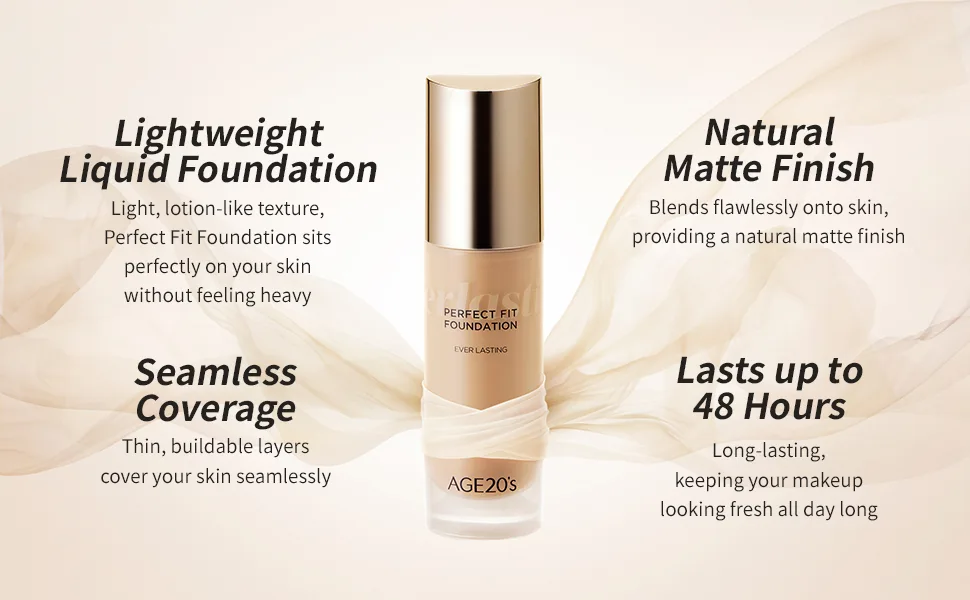 AGE 20's Perfect Fit Liquid Foundation Makeup  48-Hours-Lasting  Lightweight  Seamless Coverage  Natural Matte Finish  03 Beige  1.01 fl oz - Age 20
