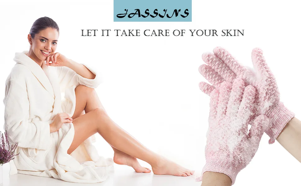 Bath Exfoliating Gloves for Shower JASSINS Thick Soft Double Exfoliating Shower Gloves Dead Skin Cell Remover Bathing Supplies 1Pair(Pink) - product information 21