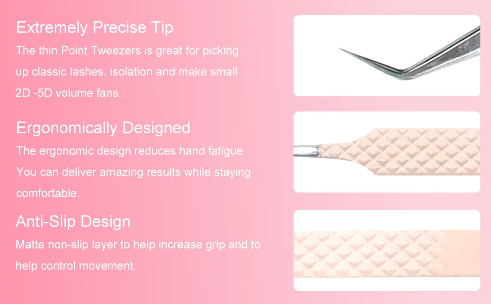Professional Tweezers for Eyelash Extensions Super Strong Grip High Precision Stainless Steel Volume Tweezers (JM2-4 Pink) - Tweezers tip show