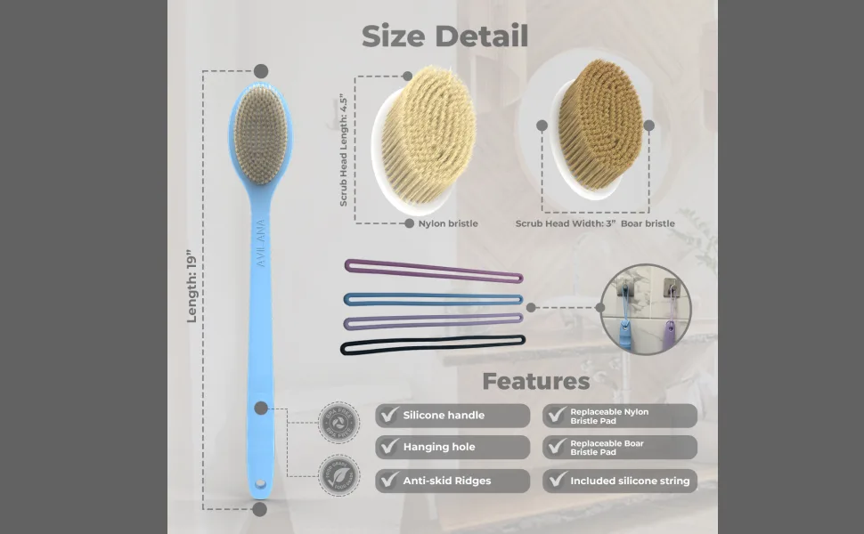Avilana Shower Body Brush with Long Curved Handle  Long Silicone Handle Back Scrubber With Dual-Sided Long Handle Bath Shower Brush with Soft and Stiff Bristles (Long Handle-Dark Gray) - body scrub brush with handle back bath brush long handle back scrubber natural