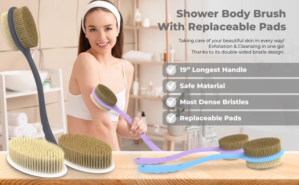 Avilana Shower Body Brush with Long Curved Handle  Long Silicone Handle Back Scrubber With Dual-Sided Long Handle Bath Shower Brush with Soft and Stiff Bristles (Long Handle-Dark Gray) - shower back scrubber back brush long handle for shower back brush bath brush back exfoliator