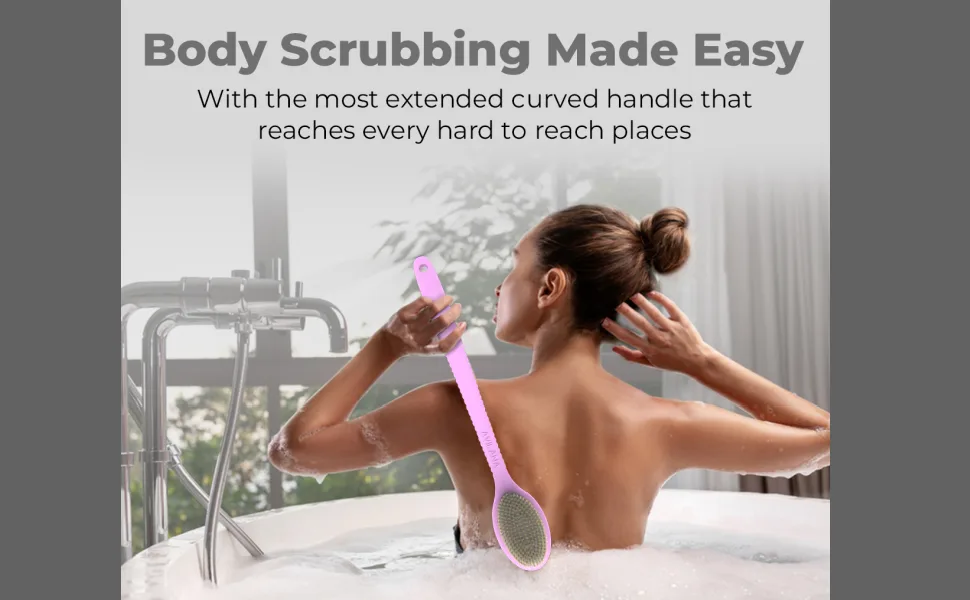 Avilana Shower Body Brush with Long Curved Handle  Long Silicone Handle Back Scrubber With Dual-Sided Long Handle Bath Shower Brush with Soft and Stiff Bristles (Long Handle-Dark Gray) - shower back scrubber for men back scrub brush body scrubber with handle body exfoliator brush