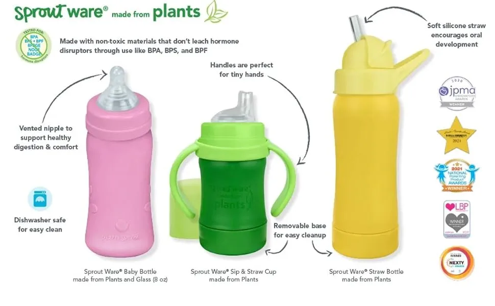 Green Sprouts - Sprout Ware  Baby Bottle Made from Plants and Glass 8 Oz. (Aqua Blue) - vented nipple, digestion for colic, colic bottle, cap baby plant-plastic sippy cup beginners safely