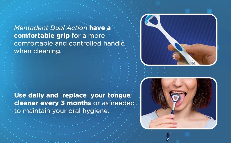 GuruNanda Mentadent Tongue Cleaner Dual Action Cleaner with Brush and Scraper - Fights Bad Breath & Odor Eliminator  Multi-Color - oral routine