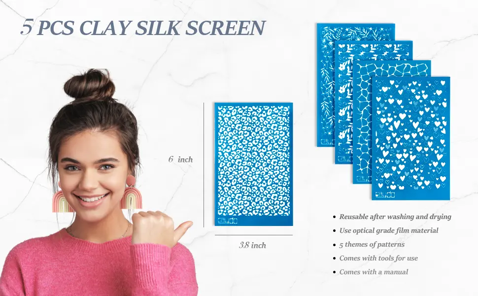 Caydo Silk Screen Stencils for Polymer Clay  5 PCS Reusable Silkscreen Print with Squeegee  Working with Clay Earrings Cutters for Printing on Clay Earrings Decoration(6 x 3.8 inch) 5 Patterns - Caydo Silk Screen Stencils for Polymer Clay