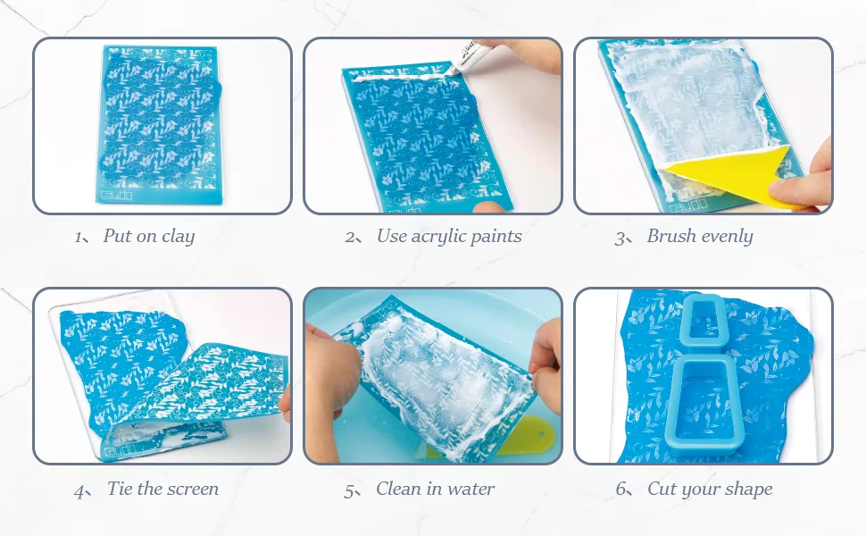 Caydo Silk Screen Stencils for Polymer Clay  5 PCS Reusable Silkscreen Print with Squeegee  Working with Clay Earrings Cutters for Printing on Clay Earrings Decoration(6 x 3.8 inch) 5 Patterns - Caydo Silk Screen Stencils for Polymer Clay