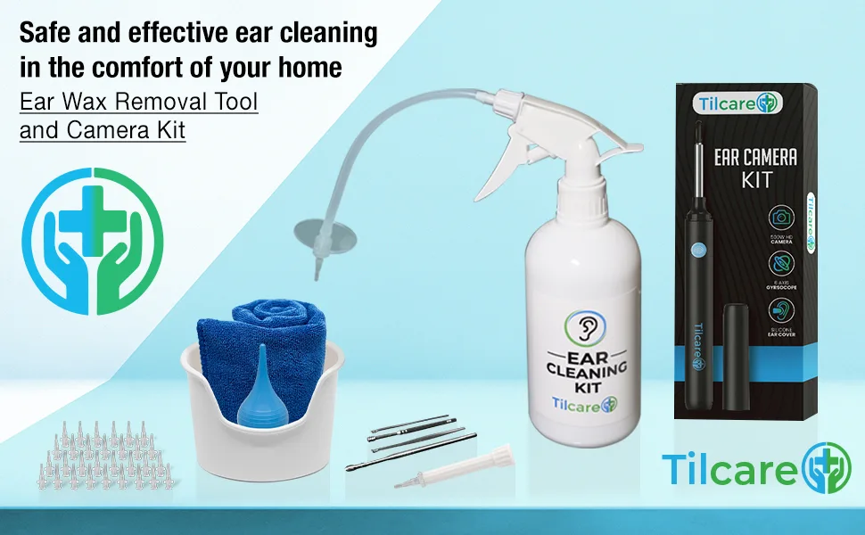 Ear Wax Removal Tool with Ear Camera by Tilcare - Ear Irrigation Flushing System for Adults & Kids - Perfect Ear Cleaning Kit - Includes Basin  Syringe  Curette Kit  Towel and 30 Disposable Tips - Tilcare ear flush with camera kit is safe and effective to use in cleaning ears at home.