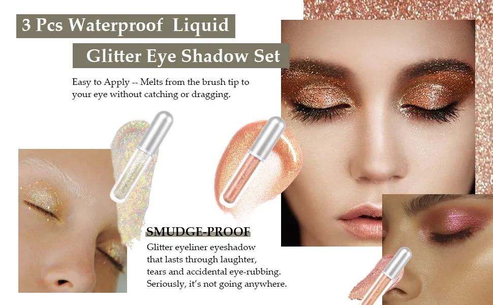 3 Pcs Liquid Shimmer Glitter Sparkle Eyeshadow Eye Makeup Sticks. Purple GoldLemon GreenChampange Gold Quick-Drying Waterproof 3-set05 - liquid glitter eyeshadow