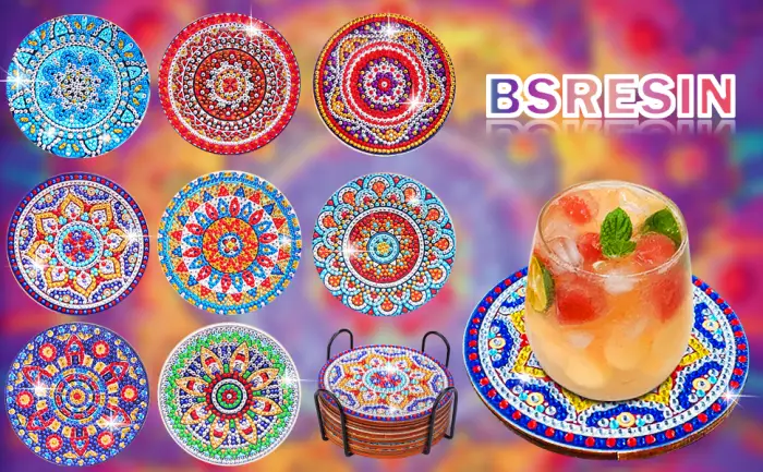 BSRESIN 8 Pcs Coasters with Holder  Mandala DIY Diamond Art Crafts for Adults  Small Diamond Painting Kits Accessories - diamond art