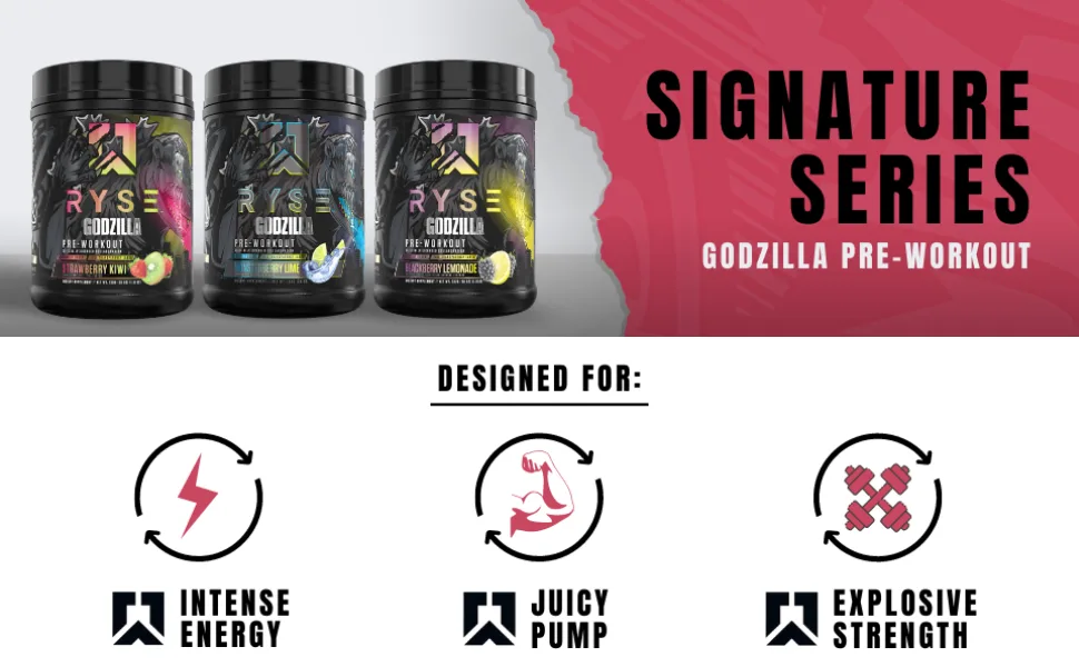 Ryse Signature Series Godzilla Pre Workout | Pump  Energy  Strength  and Focus | Citrulline  Beta-Alanine  Caffeine | 40 Servings (Strawberry Kiwi) - ryse godzilla pre