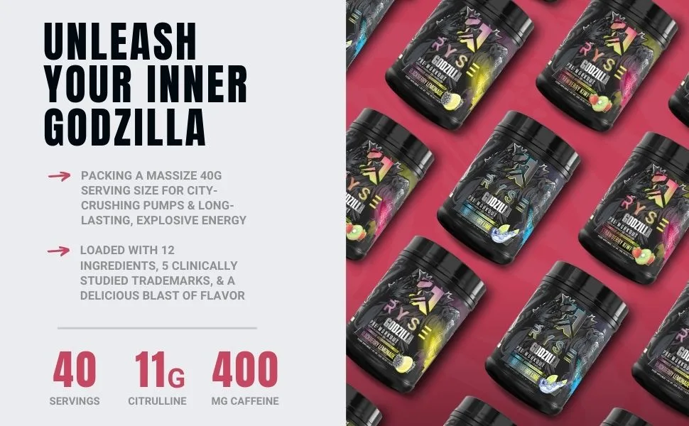 Ryse Signature Series Godzilla Pre Workout | Pump  Energy  Strength  and Focus | Citrulline  Beta-Alanine  Caffeine | 40 Servings (Strawberry Kiwi) - ryse godzilla pre