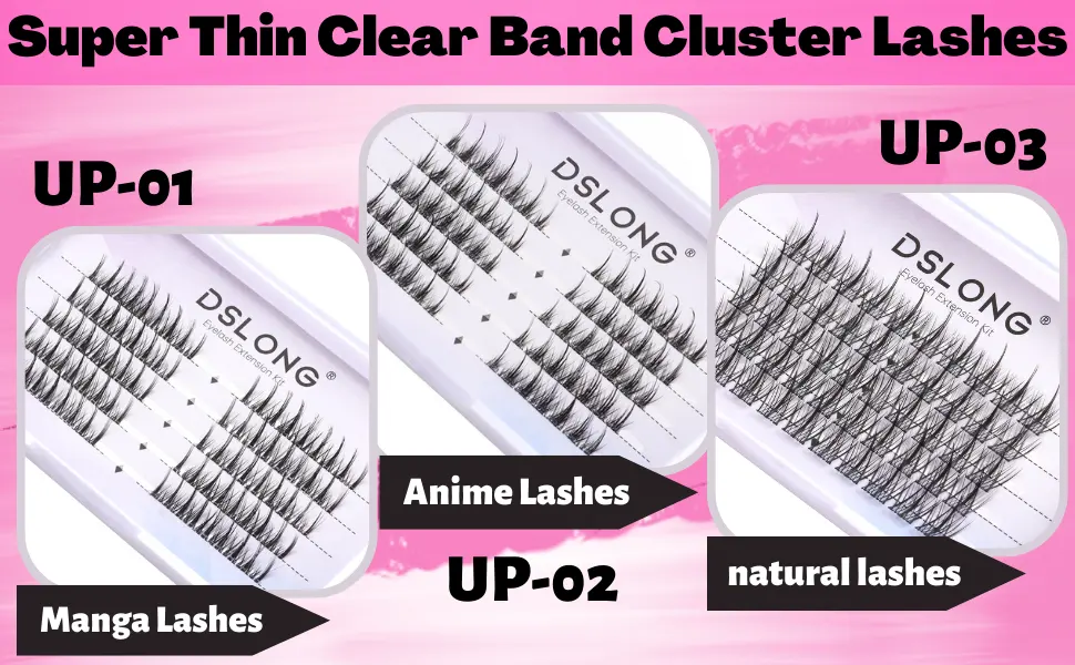 DSLONG Manga Lashes Thin Clear Band Individual Lashes Anime Lashes Natural Look Cluster Lashes Extension Kit  Cosplay Eyelash Eye Makeup Tools (UP-02) - 3 Upgraded manga Eyelash Extensions
