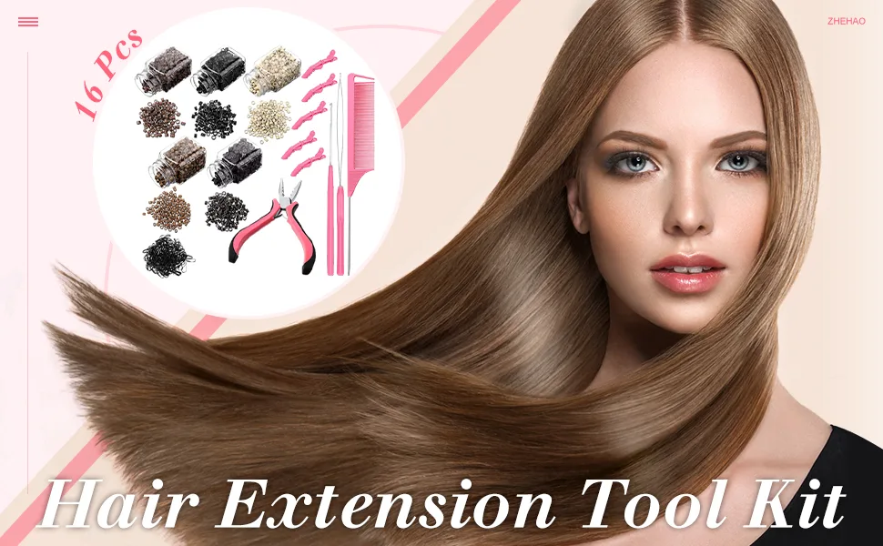 16 Pcs Hair Extension Tool Kit Remove Pliers 2500 Micro Silicone Rings Bead Pulling Hook Needle Loop Needle Threader 2 Combs 500 Black Mini Rubber Bands 5 Plastic Clips for Hair Styling Tool Accessory - product information 2