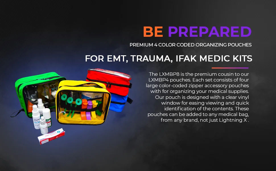 Lightning X Premium Color Coded Organizer First Aid Kit Accessory Pouches - Extra Large - Zippered Bag w/ Transparent Window - Set of 4 for EMT  Trauma  IFAK Medic Kits - pouch airways opa npa tourniquets bandages gauze packing cubes lighting x gearbags medic medical kit
