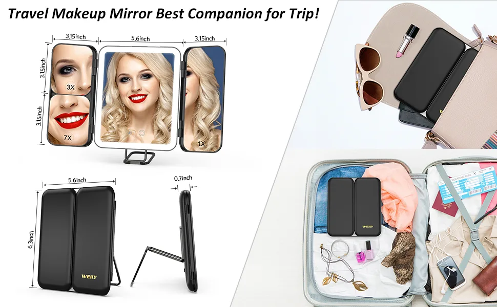 WEILY Portable Travel Makeup Mirror with Lights  1X 3X 7X Magnification  Touch Control Three Colors Dimmable Trifold Makeup Mirror (Black) - Portable design, perfect size for everyday travel, travel use.