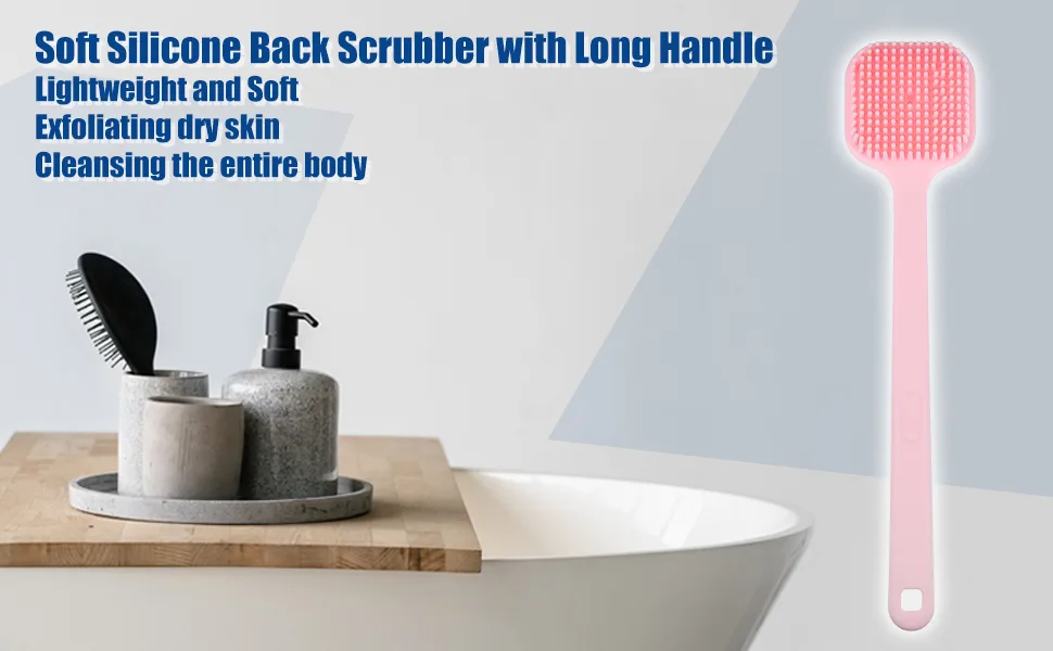 VOCOSTE Soft Silicone Bath Brush  Non-Slip Back Scrubber Shower with Long Handle for Men and Women  Pink - Body Scrubber