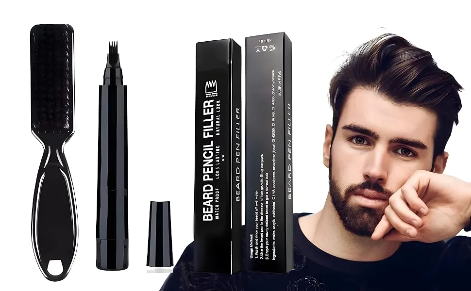 ecomlab Kit filler for beard  waterproof  long lasting coverage and natural finish for beard  mustache and eyebrows  micro tip for soft application  bristle brush included  barbershop accessories. (Black) - a2112