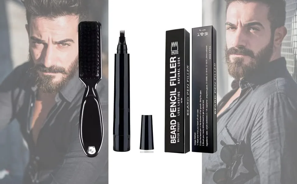 ecomlab Kit filler for beard  waterproof  long lasting coverage and natural finish for beard  mustache and eyebrows  micro tip for soft application  bristle brush included  barbershop accessories. (Black) - barba 1