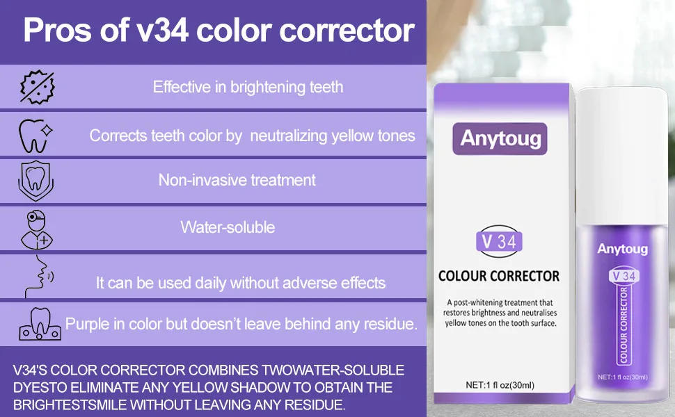 Whitening Toothpaste Purple Toothpaste for Teeth Whitening Colour Corrector Toothpaste Toothpaste Whitening V34 Toothpaste Remove Stains Improves Teeth Brightness and Reduce Yellowing - product information 4