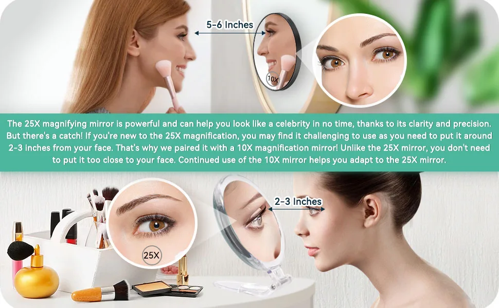 25X Magnifying Mirror Set  25X/1X Double-Sided Hand Held Magnified Mirror & 10X Magnifying Mirror Suction Cup Perfect for Precise Makeup Applications & Blackhead/Blemish Removal Handle B 5IN Silver B - Magnifying mirror 25x, it
