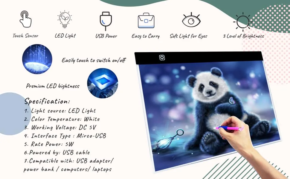 A3S Light Pad for Diamond Painting - Sponake Light Board Tracing with 3 Level Brightness Apply to 5D Diamonds Art | Craft | Weeding Vinyl | Sketching | Animation - sponake light pad specification