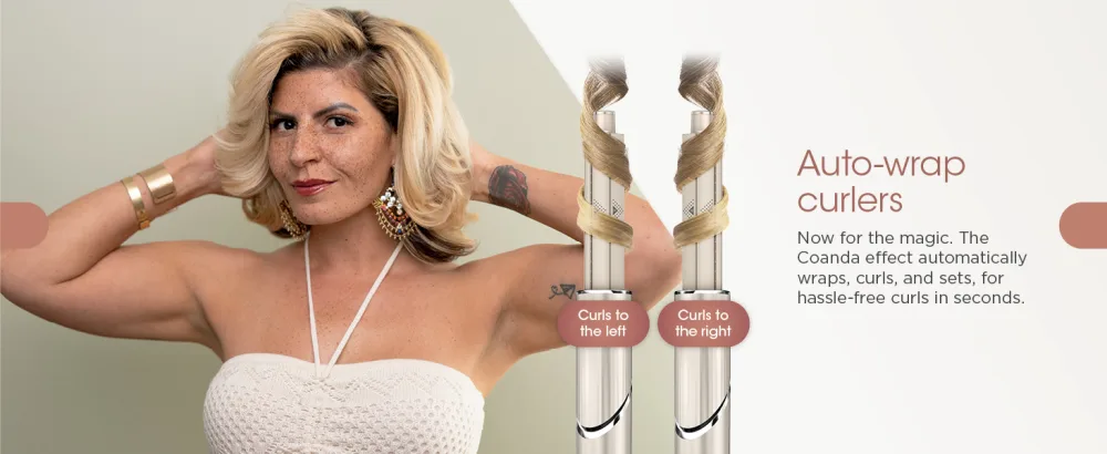 Shark HD435 FlexStyle Air Styling & Drying System  Powerful Hair Blow Dryer & Multi-Styler with Auto-Wrap Curlers  Curl-Defining Diffuser  Oval Brush  & Concentrator Attachment  Stone - Auto-wrap curlers Now for the magic. The Coanda effect automatically wraps, curls, and sets