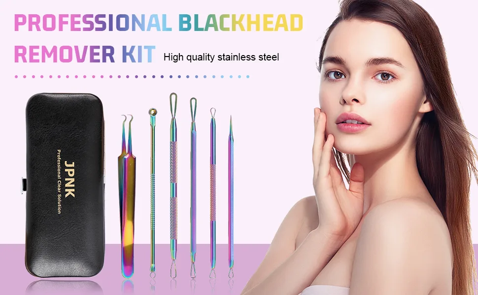JPNK 6PCS Blackhead Remover Tool Comedones Extractor Acne Removal Kit for Blemish with a Leather Bag-Colorful - product information 1