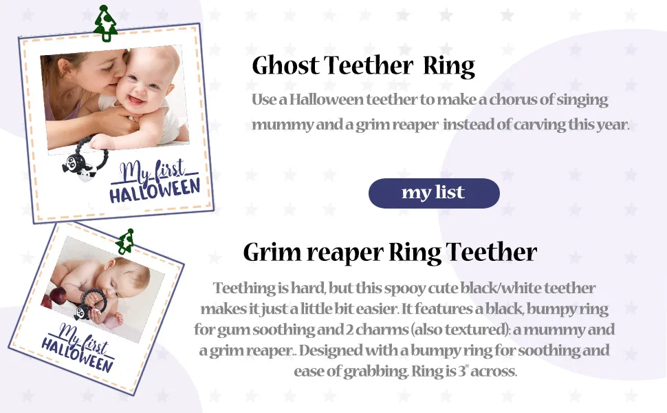 BIGSPINACH Mummy Teether and Cute Grim Reaper Ring Teether Halloween Activities Designed with a Bumpy Ring for Soothing and Ease of Grabbing - halloween keychain goth nail charms halloween decor halloween candy baby halloween costumes