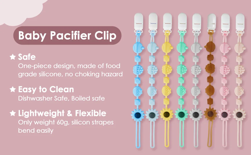 Pacifier Clip  Silicone Pacifier Holder with One Piece Design  Flexible Teething Binky Clips for Baby Boy and Girl Pink - product information 3