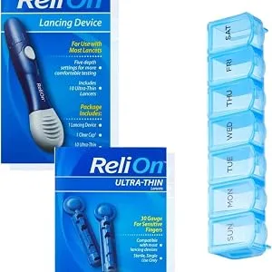 Relion Lancing Device Bundled with ReliOn 30G Ultra Thin Lancets 100 ct and Pill Organizer by Samba Life - Relion Lancing Device Bundled with ReliOn 30G Ultra Thin Lancets 100 ct